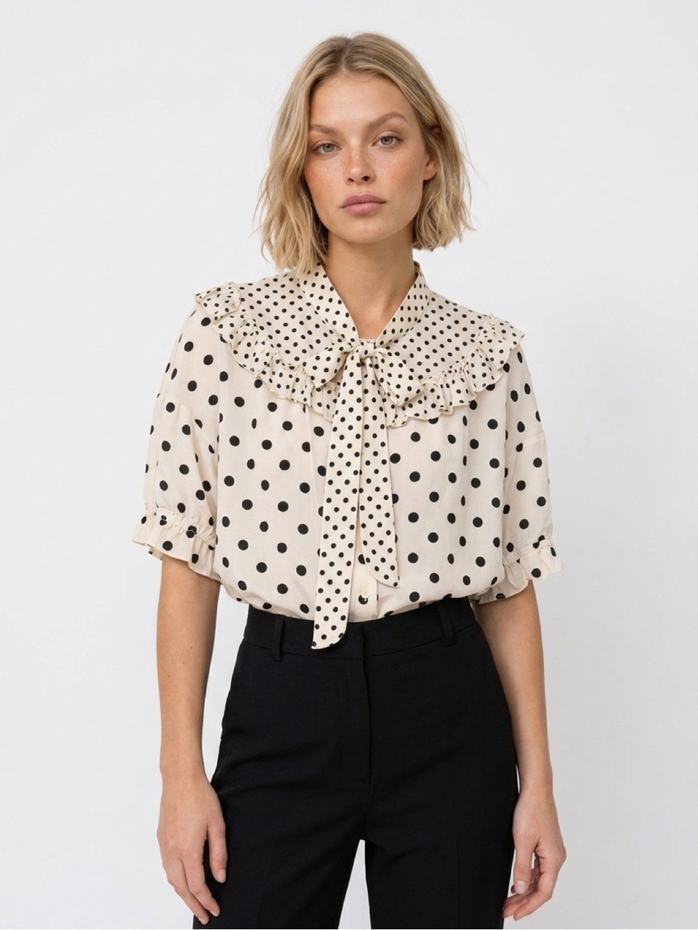 Sonia Rykiel Cream Blouse with Black Polka Dots and Ruffle Tie Collar